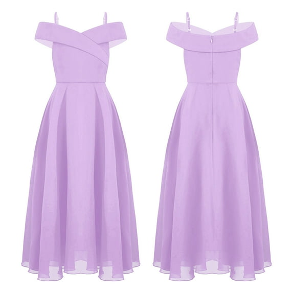 Kids Girls Chiffon Party Dress Off-the-Shoulder A-Line Floor Length Dresses Lavender 16