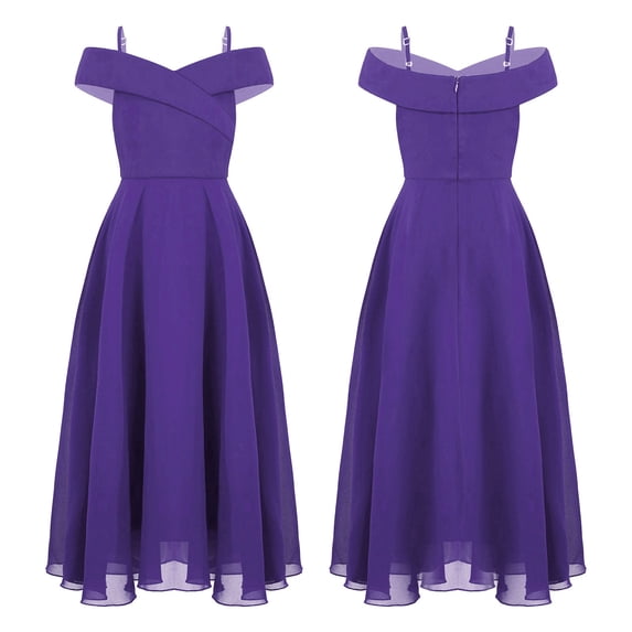 Kids Girls Chiffon Party Dress Off-the-Shoulder A-Line Floor Length Dresses Purple 16
