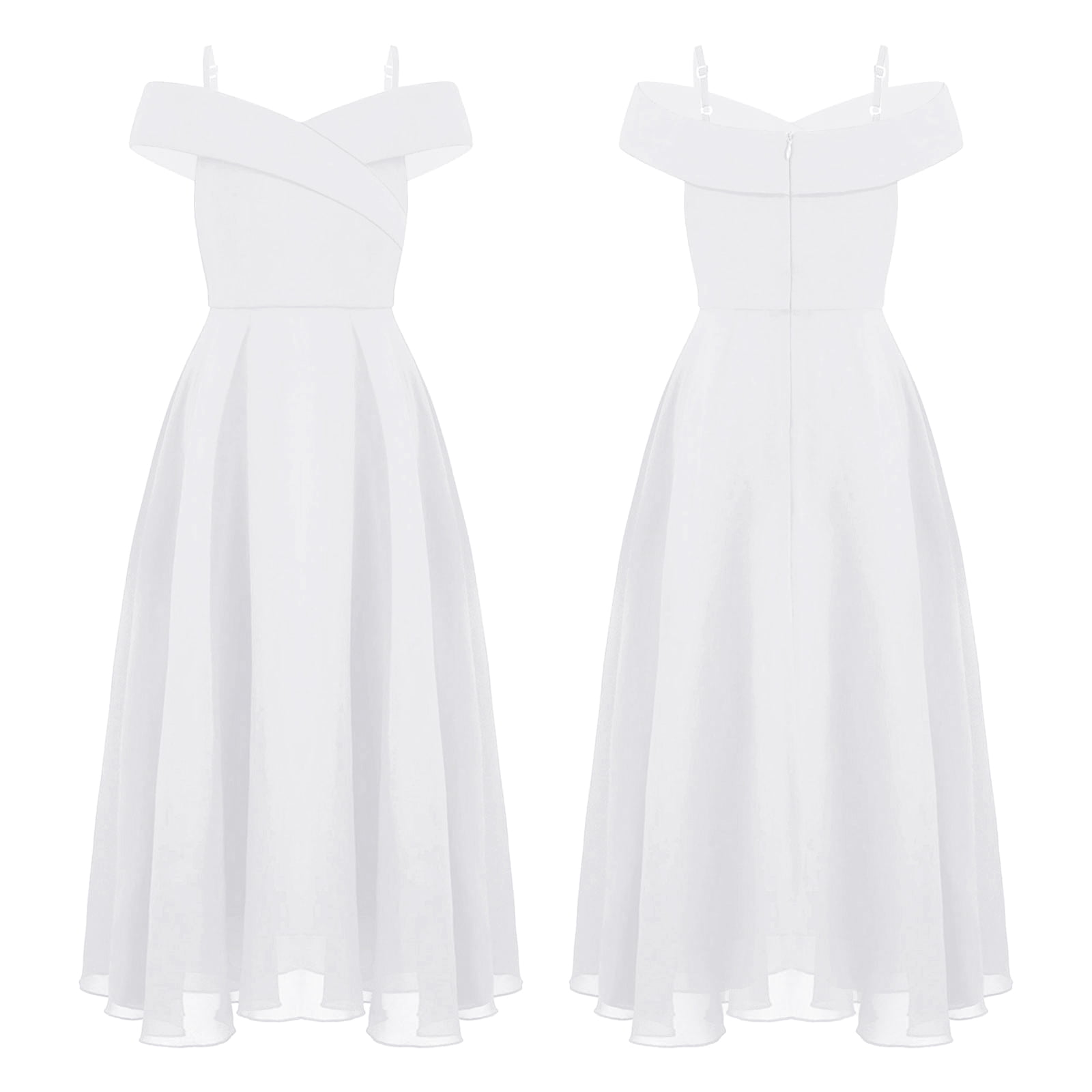 Kids Girls Chiffon Party Dress Off-the-Shoulder A-Line Floor Length Dresses  White 12