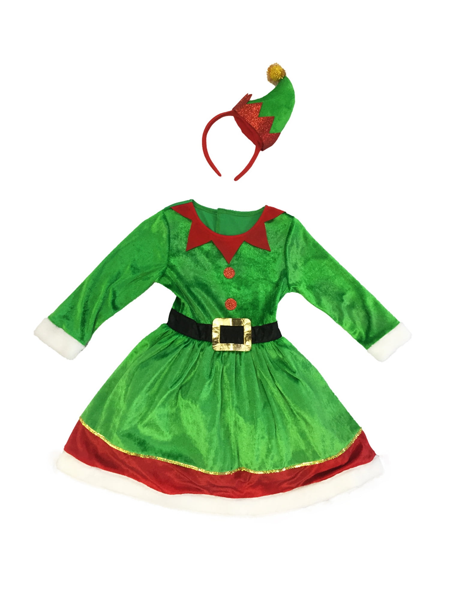 Kids Girls Christmas Elf Costumes Patchwork Dress Headdress Set