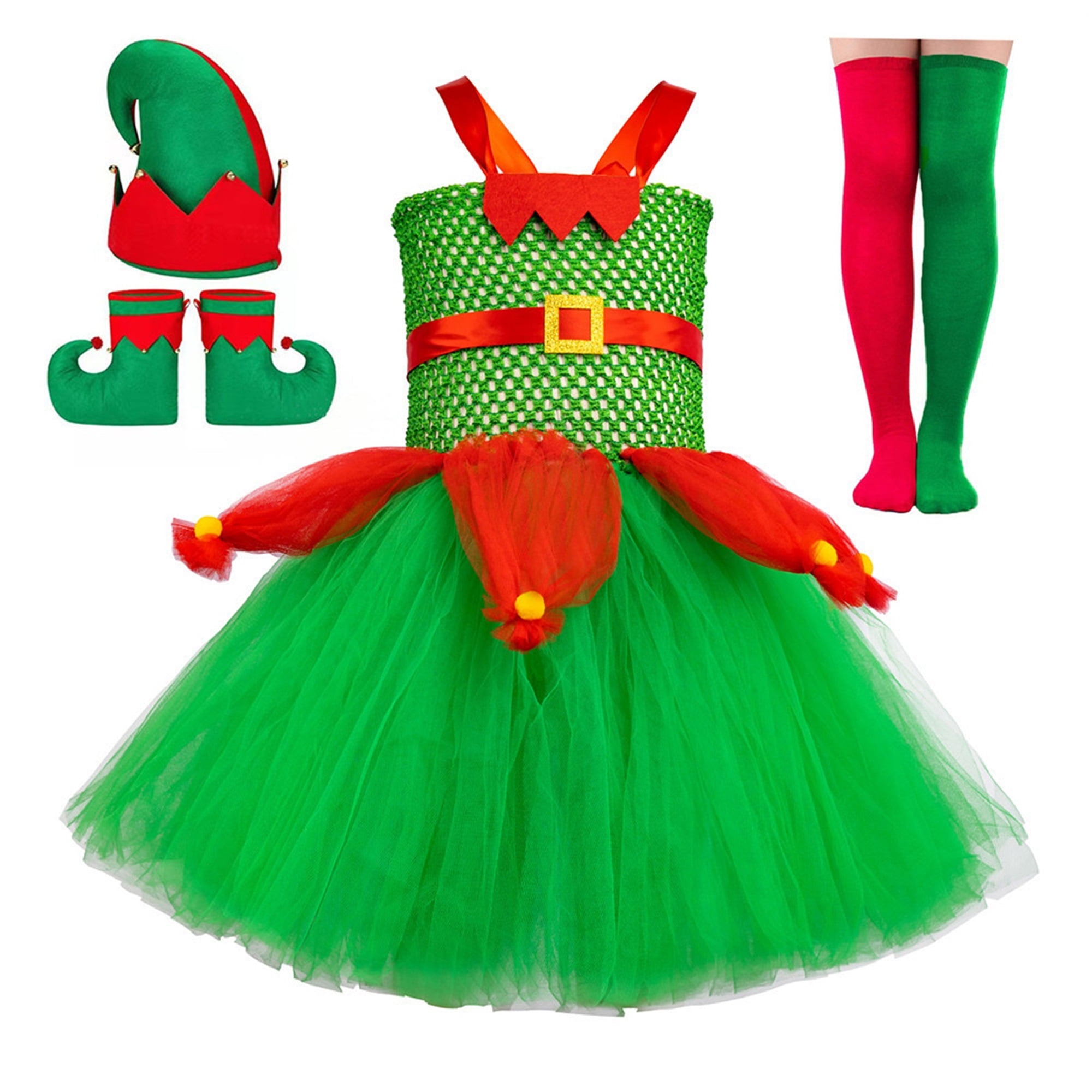 Kids Girls Christmas Elf Costumes Red Green Tulle Tutu Dress Hat Boots