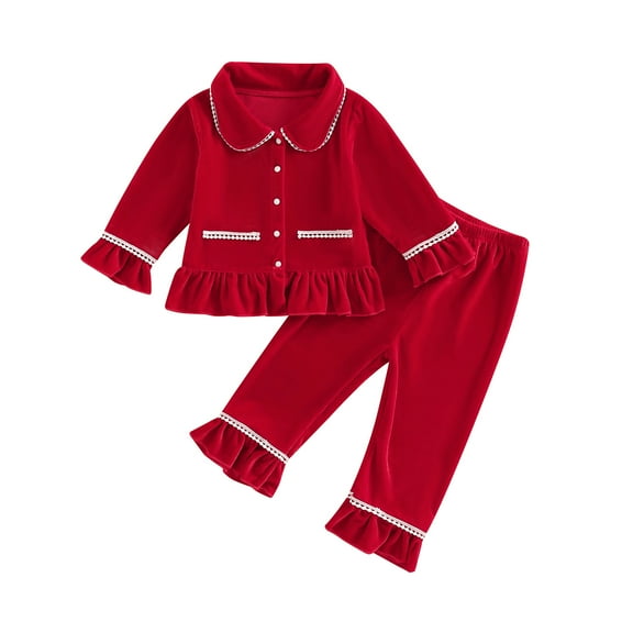 Kids Girls Christmas Pajamas Outfits Clothing Set 12M 18M 24M 3Y 4Y 5Y Long Sleeve Lace Patchwork Tops and Casual Velvet Pants Sets