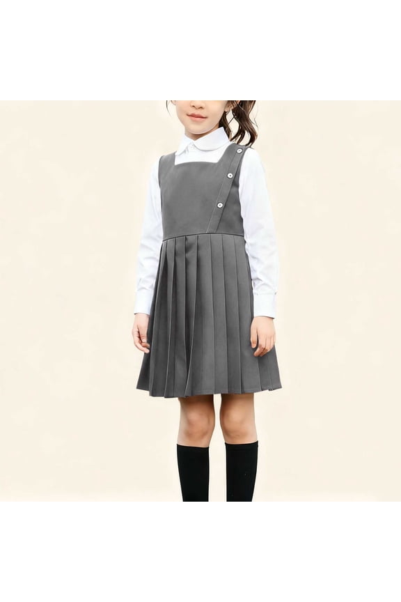 Kids Girls Classic Two Piece Clothes Long Sleeve Peter Pan Collar Blouse And Asymmetrical Button Pleated Pinafore Dress Set Student School Uniform Outfit