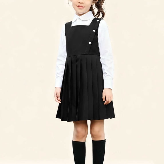 Kids Girls Classic Two Piece Clothes Long Sleeve Peter Pan Collar Blouse And Asymmetrical Button Pleated Pinafore Dress Set Student School Uniform Outfit