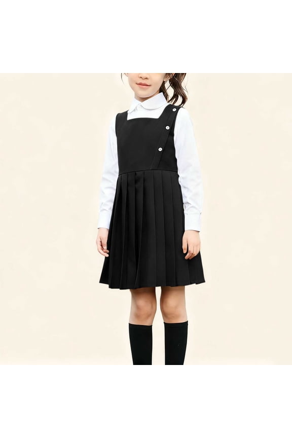 Kids Girls Classic Two Piece Clothes Long Sleeve Peter Pan Collar Blouse And Asymmetrical Button Pleated Pinafore Dress Set Student School Uniform Outfit