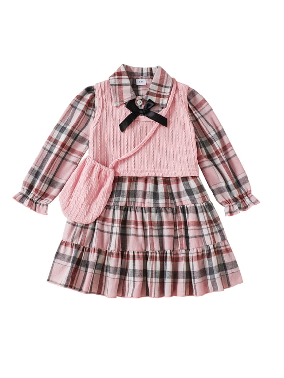 Kids Girls Clothes Big Girls Fall Dress 7Y Girls Long Sleeve Dress 8Y Girls Plaid Dress with Vest Cute Bag Pink