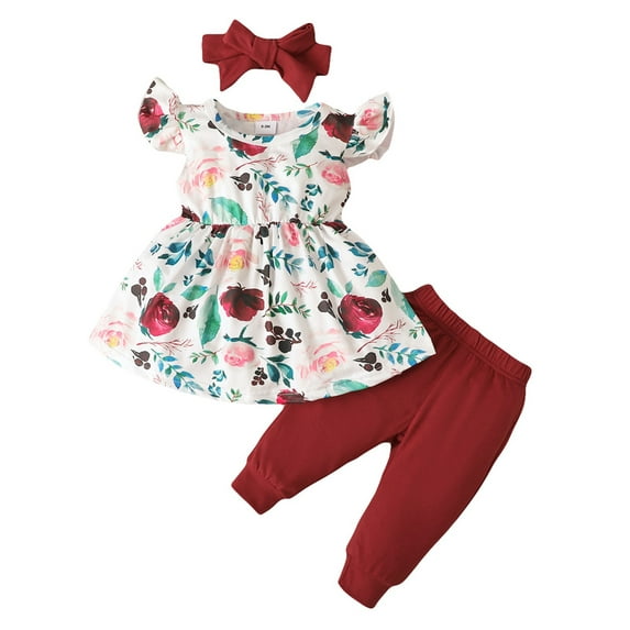 Kids Girls Clothes, Fly Sleeve Round Neck Floral Tops Solid Color Jogger Trousers Head Band Casual Outfits