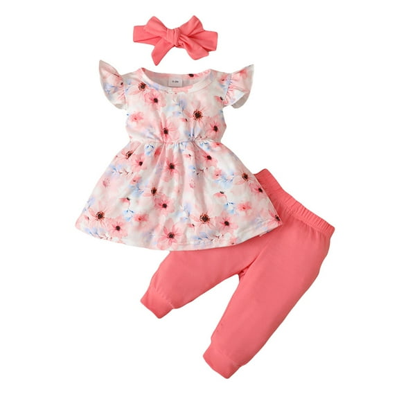 Kids Girls Clothes, Fly Sleeve Round Neck Floral Tops Solid Color Jogger Trousers Head Band Casual Outfits