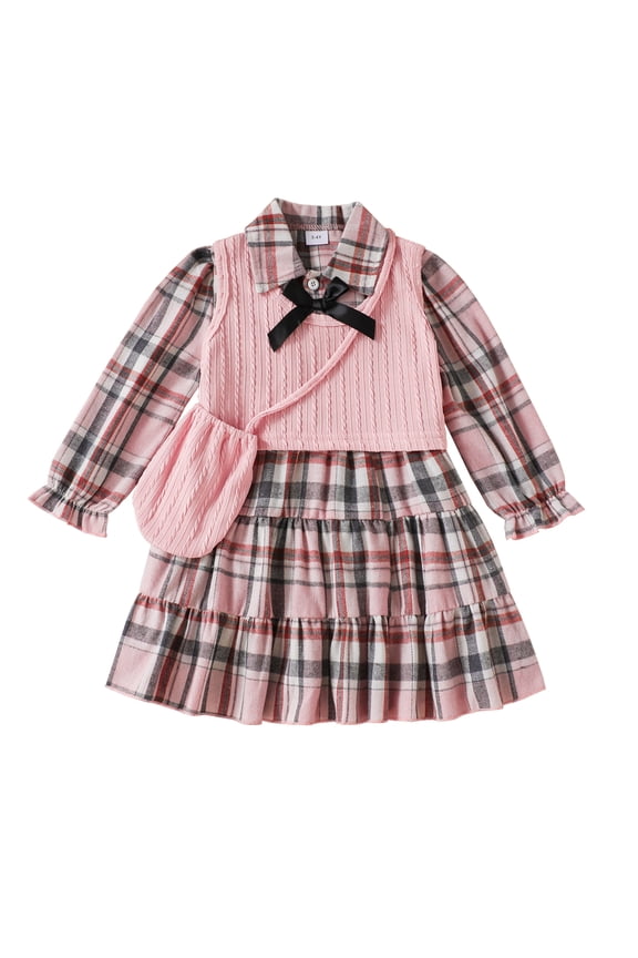 Kids Girls Clothes Little Girls Fall Dress 5T Girls Long Sleeve Dress 6Y Girls Plaid Dress with Vest Cute Bag Pink