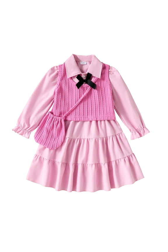 Kids Girls Clothes Little Girls Fall Dress 5T Girls Long Sleeve Dress 6Y Girls Solid Color Dress with Vest Cute Bag Pink