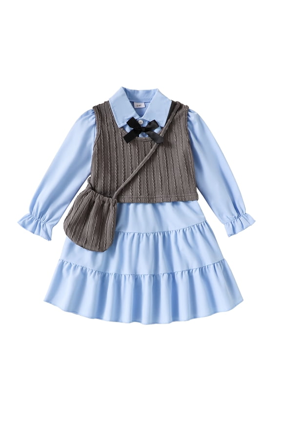 Kids Girls Clothes Little Girls Fall Dress 6Y Girls Long Sleeve Dress 7Y Girls Solid Color Dress with Vest Cute Bag Blue