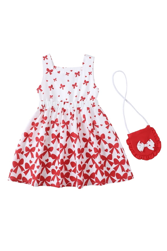 Kids Girls Clothes Little Girls Summer Dress 6Y Girl Sleeveless Dress 7Y Girls Sundress Bowknot Print Dress with Cute Bag Red