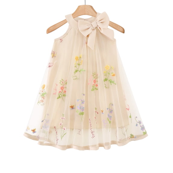 Kids Girls Clothes Little Girls Tulle Dress 5T Girls Summer Halter Dress 6Y Girls Sleeveless Solid Color Floral Dress Apricot