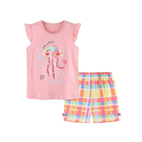 Kids Girls Clothing Sets Cartoon Print Fly Sleeved Tops and Shorts Casual Crewneck 2pc Children's Suit Hot Pink,3Y