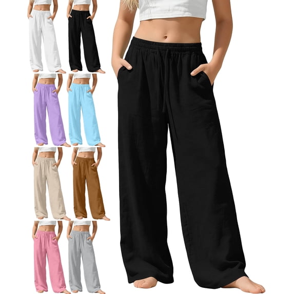 Kids Girls Cotton Linen Wide Leg Pants Drawstring Loose Casual Fashion Long Pants with Pockets