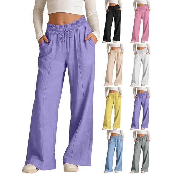 Kids Girls Cotton Linen Wide Leg Pants Drawstring Loose Casual Fashion Long Pants with Pockets