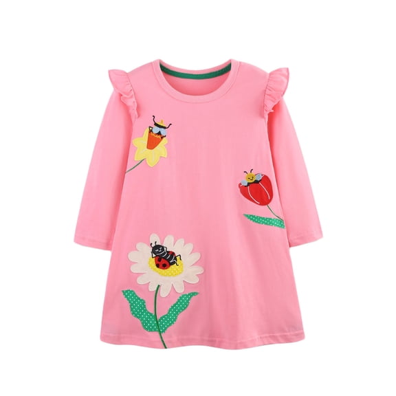 Kids Girls Cotton Long Sleeve Dress A-Line 3D Applique Ruffle Shoulder Casual Spring Fall Dress Pink,Size 4 T