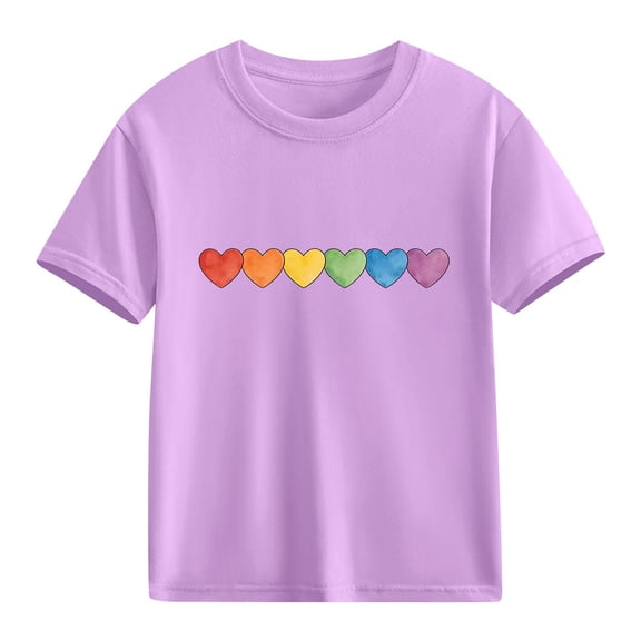 Kids Girls Cotton T-Shirt Purple Short Sleeve Rainbow Hearts Print Casual Top for Girls Sizes 4T-12,Size 3 T