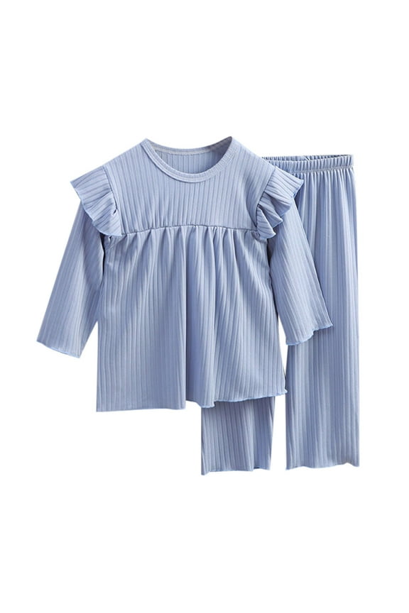 Kids Girls Crewneck Long Sleeve Solid Color Sleepwear Loose Fit Spring Summer Pajamas 2Pcs Set Casual Outfit,Size:4-5 Years