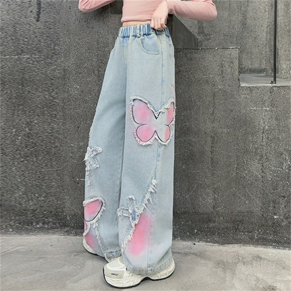 Kids Girls Cute Baggy Jeans Y2k for Women Girls Heart Butterfly Pants Aesthetic Streetwear Gothic Clothing Denim Wide Leg Pants Trousers (7-8 Years, Sky Blue)