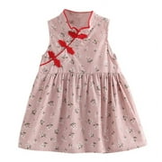 Kids Girls Cute Flower Print Dress, Vintage Cheongsam Dresses, Qipao Baby Clothes