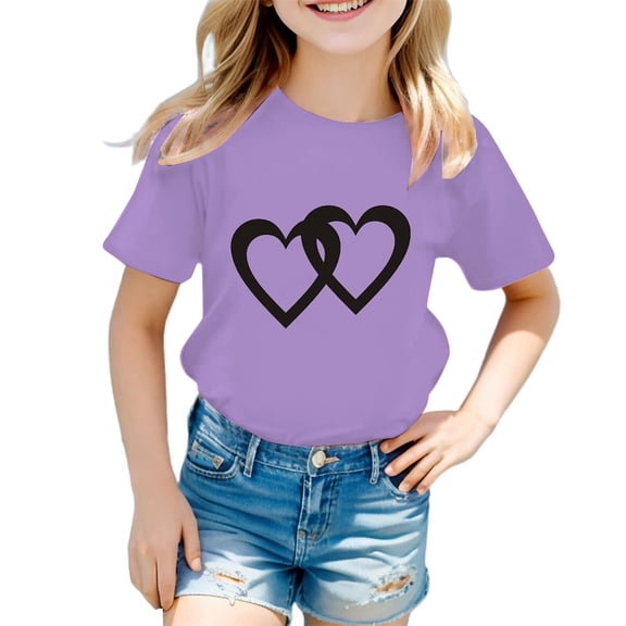 Kids Girls Cute Graphic T-Shirts Love Heart Printed Round Neck Short Sleeve Tee Summer Casual T Shirt Tops Comfort Dailywear 7-8 Years