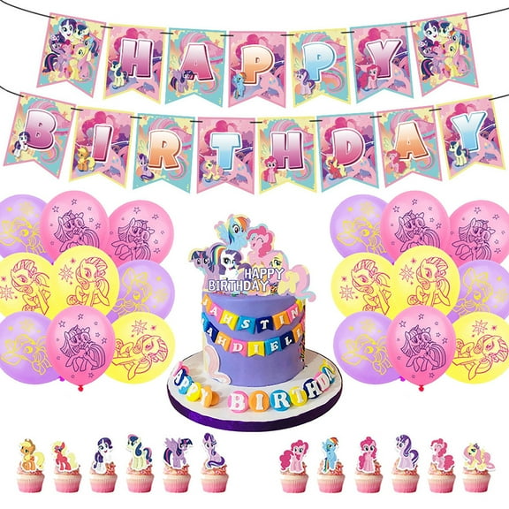 Kids Girls Cute Party My Little Pony Surprise Birthday Party Supplies, Cartoon HAPPY BIRTHDAY Banner, Theme Party Cake Topper Cards, Latex Balloons Decoration Set