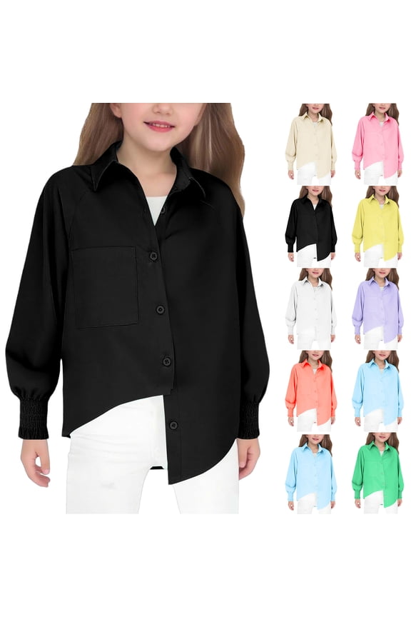 Kids Girls Cute Solid Color Collared Soft Long Sleeve Casual Button Down Shirts Orange 160