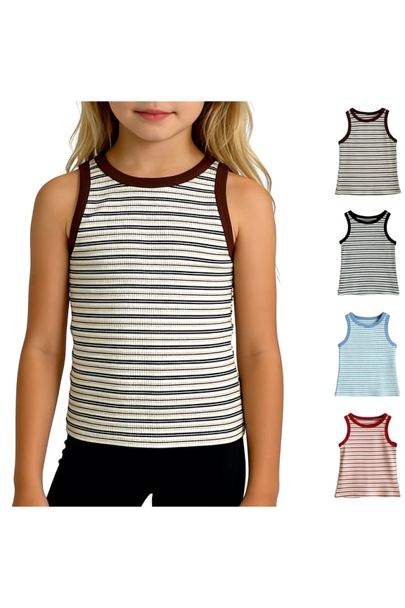 Kids Girls Cute Striped Preppy Crew Neck Spring Sleeveless Tank Tops Black 90
