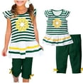 thumbnail image 1 of Kids Girls Daisy Flower Stripe Shirt Bow Pant Set Outfit Summer Clothes Short Sleeve Tops Round Neck Collar Botton Printed Short Pants Sets Green 9-10 Years, 1 of 7