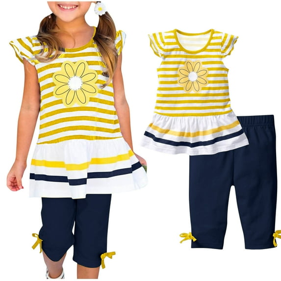 Kids Girls Daisy Flower Stripe Shirt Bow Pant Set Outfit Summer Clothes Short Sleeve Tops Round Neck Collar Botton Printed Short Pants Sets Yellow 9-10 Years