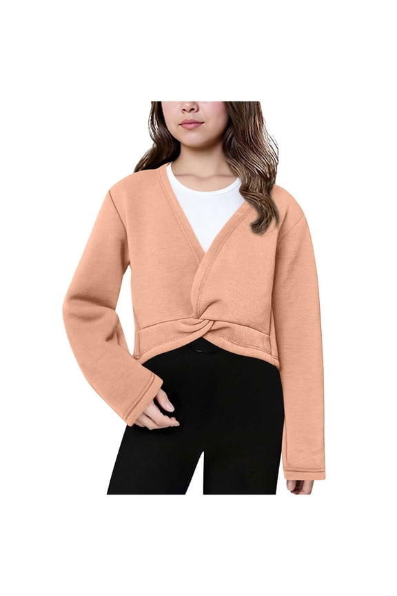 Kids Girls Dance Wrap Ballet Top Long Sleeve Fleece Cardigan Shrug Front Knot Wrap Top Dance Dress Cover Up