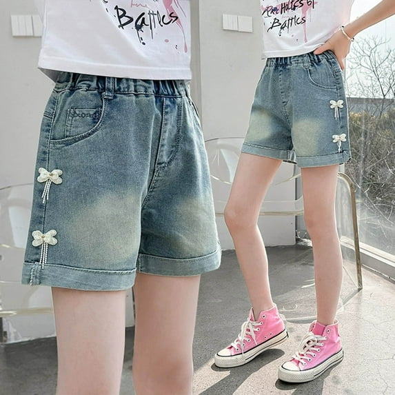 Kids Girls Denim Shorts Teen Girl Jeans Embroidered Jeans Kids Summer Clothes Girl Shorts Size 7-8 Years