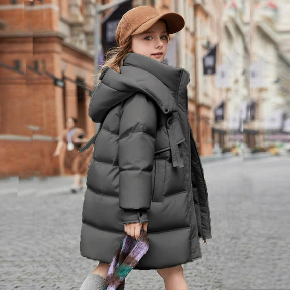 Kids Girls Down Coats Toddler Parka Puffer Jacket with Hood Winter Warm Long Jacket Teenage Snowsuit Warm Thick Coats Black 7-8Years