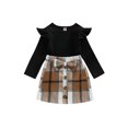 thumbnail image 1 of Kids Girls Dress Suit Long Sleeve Round Neck Ruffle Ribbed Sweater Tops + Plaid Print Button Skirt Outfits Set, 1 of 9