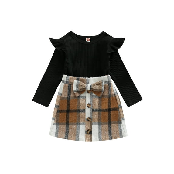 Kids Girls Dress Suit Long Sleeve Round Neck Ruffle Ribbed Sweater Tops + Plaid Print Button Skirt Outfits Set