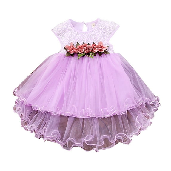 Kids Girls Dress Summer Short Sleeve Round Neck Mesh Splice Irregular Hemlines Flower Dress Cute Dresses for Girl