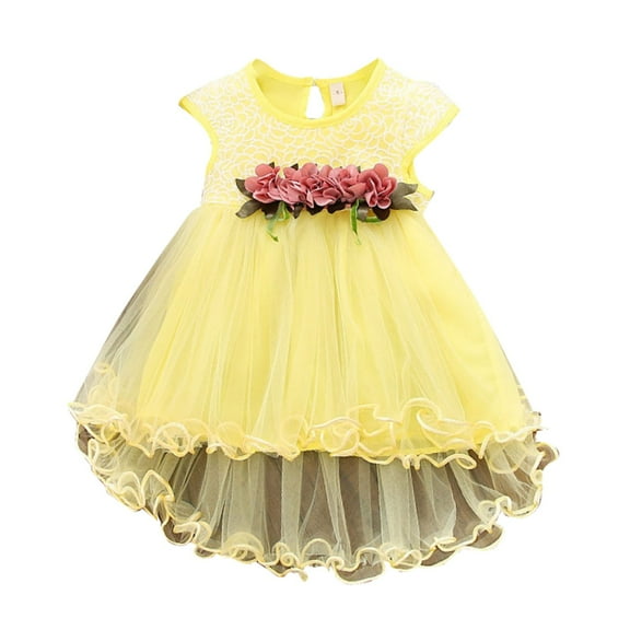 Kids Girls Dress Summer Short Sleeve Round Neck Mesh Splice Irregular Hemlines Flower Dress Cute Dresses for Girl