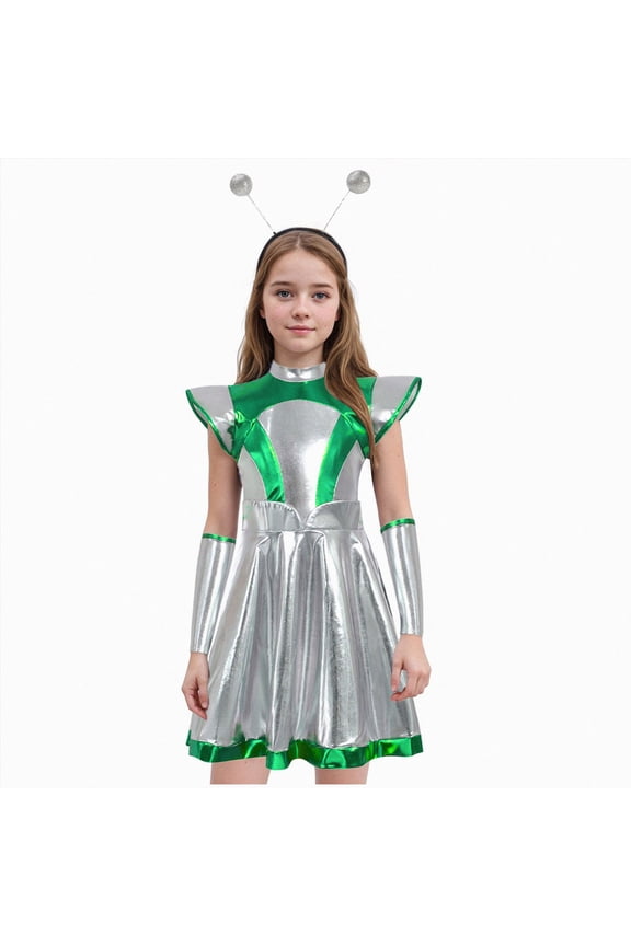 Kids Girls Dresses Alien Outer Space Man up Glossy Metallic A-Line