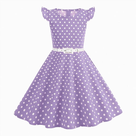 Kids Girls Dresses Retro Vintage Flutter Sleeve Polka Dot Swing with Belt