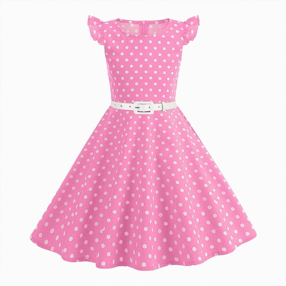 Kids Girls Dresses Retro Vintage Flutter Sleeve Polka Dot Swing with Belt