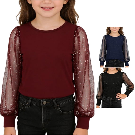 Kids Girls Dressy Shirt Shimmering Sequin Top Sheer Mesh Long Sleeve Tunic Shirt Holiday Party Crewneck Glitter Blouse Undershirts for Girls 5-6 7-8 Years