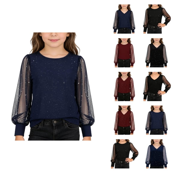 Kids Girls Dressy Shirt Shimmering Sequin Top Sheer Mesh Long Sleeve Tunic Shirt Holiday Party Crewneck Glitter Blouse