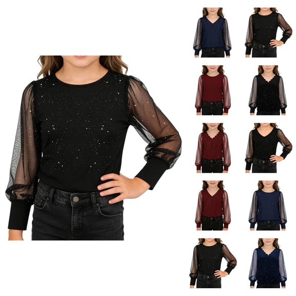 Kids Girls Dressy Shirt Shimmering Sequin Top Sheer Mesh Long Sleeve Tunic Shirt Holiday Party Crewneck Glitter Blouse