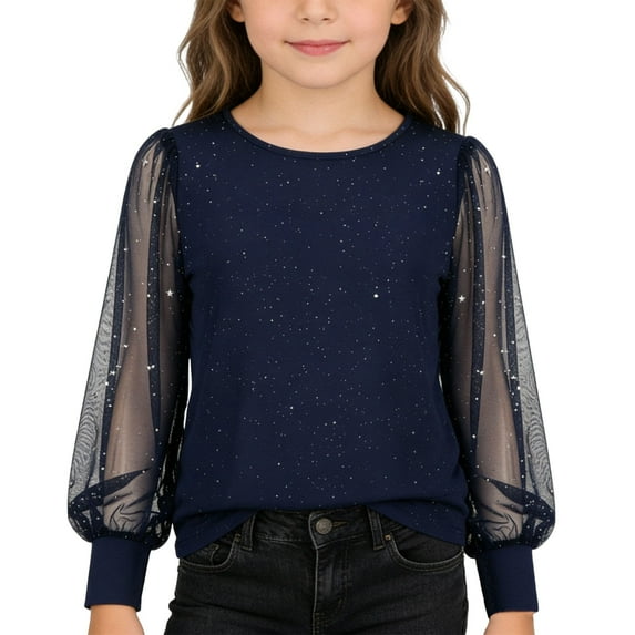 Kids Girls Dressy Shirt Shimmering Sequin Top Sheer Mesh Long Sleeve Tunic Tees Solid Party Crewneck Glitter Blouse
