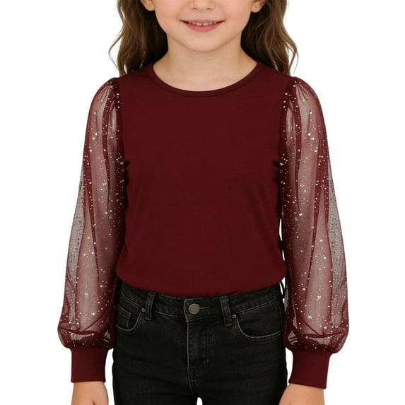 Kids Girls Dressy Shirt Shimmering Sequin Top Sheer Mesh Long Sleeve Tunic Tees Solid Party Crewneck Glitter Blouse