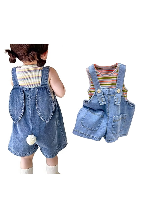 Kids Girls Easter Outfits Denim Overalls Bunny Ear Romper with Pom Pom Tail Denim Jumpsuits 4-5 Years Easter Outfit Boy