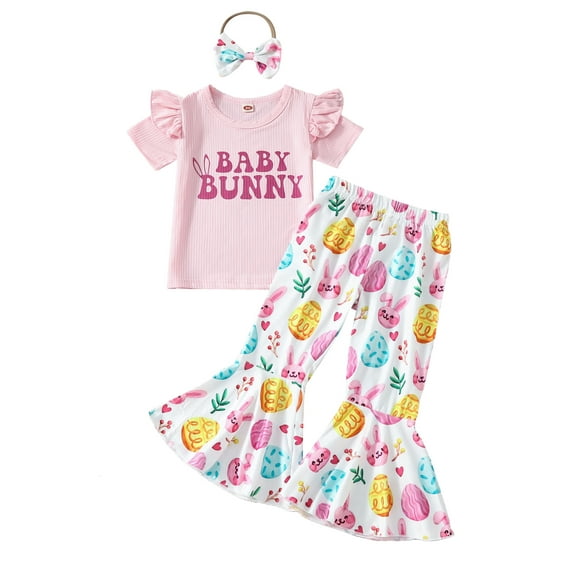 Kids Girls Easter Outfits Short Sleeve T-Shirt and Bunny Egg Print Flare Pants Headbands Set