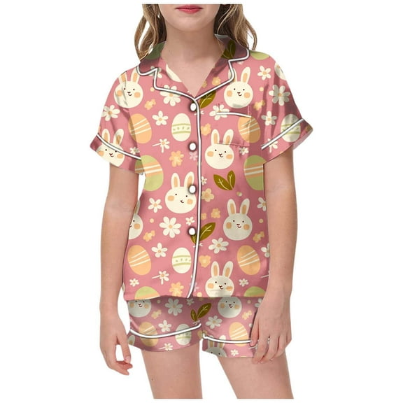 Kids Girls Easter Pajamas Set Cute Bunny Outfit Easter Button up Short Sleeve Pajamas Set Tween Pajamas 4-5 Years