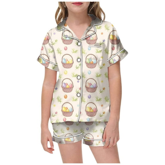 Kids Girls Easter Pajamas Set Easter Bunny Print Button up Short Sleeve Shirt and Shorts Set Cute Pajamas for Girls 4-5 Years